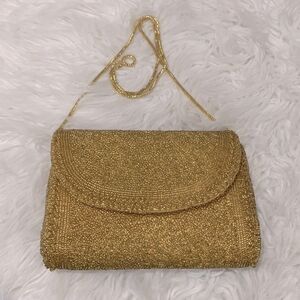 HAND MADE beaded evening bag/clutch flap snap closure goldtone strap women’s